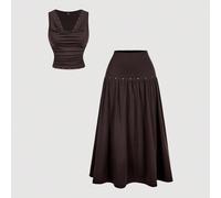 Completo vintage anni '70 da donna composto da un gilet marrone con scollo drappeggiato e borchie, e una gonna lunga - Stile vintage hippie, da vacanza, bohémien, Y2K, western e nomade L,M,S,XL,XS,XXL