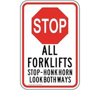 ComplianceSigns. com Stop All Forklifts Stop - Honk Horn Look Both Ways Reflective Sign, 45,7 x 30,5 cm con fori centrali su alluminio da 80 mil, per macchinari, cartelli di sicurezza realizzati in