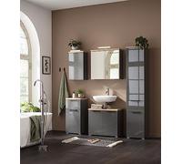 Composad | Bagno Completo della Linea MUNDI, Set di 5 Mobili, Bagno Moderno, Pensile, Mobile Colonna, Specchiera, Sottolavabo, Colore Rovere Mielato e Grigio Titanio Laccato, Made in Italy