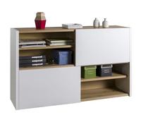 Composad | Base Multiuso della Linea ABILE con 2 Ante Scorrevoli, Mobile Archivio per Uffico e Home Office, (LxAxP):140x84,5x35,4 cm, Bianco Laccato e Rovere Mielato