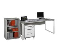 Composad | Scrivania, Cassettiera e Libreria Bassa con 2 Ripiani della Linea Disegno, Set di 3 Mobili per Ufficio, Ufficio Moderno, Colore Grigio Cemento e Bianco Laccato, Made in Italy