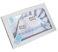 composè lenzuola culla carrozzino in cotone con macramè fondo bianco (celeste)