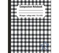 Composition Notebook, College Ruled, 7.5" x 9.25", Black and White Gingham Print with a Subtle Blue Star Accent, 110 Sheets