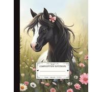 Composition Notebook - College Ruled: Enchanted Horse Collection: Primrose Nightpetal - A Whimsical Black and White Horse in a Field of Flowers