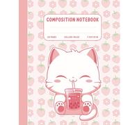 Composition Notebook College Ruled: Kawaii Neko Cute Cat Drinking Boba Bubble Tea strawberry milk, Pink Flower Pastel Aesthetic For College and School