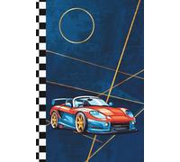 Composition Notebook College Ruled: Red Luxury Sports Car and Checkered Spine Aesthetic on Blue Background
