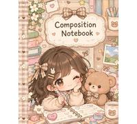 Composition Notebook: Cute Girl and Teddy Bear Lined journal, Coquette Soft Brown Gingham Design for Girls, Teens, and School Stationery