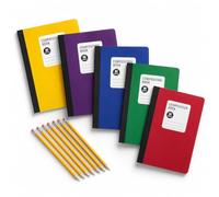 Composition Notebook Set 5 Pack, Assorted Colors with 8 Number 2 Pencils, 80 Sheets Each, Mixed Wide and College Ruled, Back to School Supplies