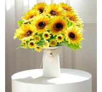 Composizione di girasoli artificiali in vaso, 3 mazzi di girasoli in seta realistica con vaso bianco con corda di iuta e ciondolo a forma di cuore, per decorare casa, ufficio e occasioni speciali