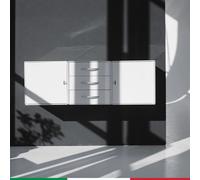 Composizione QBO 06 sospesa tre cubi bianchi due ante e tre cassetti