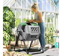 Compostiera da Giardino Girevole a 2 Sezioni con 8 Prese dAria, in Acciaio e PP, 71x65x96 cm, Grigio