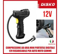 COMPRESSORE AD ARIA MINI PORTATILE DIGITALE 12V RICARICABILE PER AUTO MOTO GOMME
