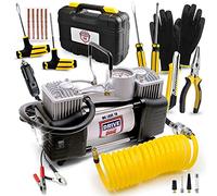 Compressore d'aria portatile con kit di riparazione per pneumatici, pompa ad aria 12 V DC per pneumatici auto con manometro 150 PSI e kit di emergenza per auto, custodia per il trasporto, adattatori,