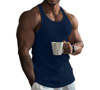 compulsoryking Camicie da uomo senza maniche con canottiera muscolare, casual, morbide, per allenamento, palestra, sport, bodybuilding, maglietta sexy a righe, Blu scuro, L