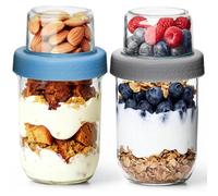 ComSaf Porta Yogurt e Cereali 2 Pezzi, Barattolo Vetro 480ml con Scomparto Superiore 120ml, Contenitore Colazione per Ufficio, Scuola e Picnic, Perfetto per Meal Prep e Colazione Sana