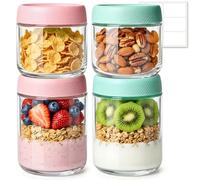 ComSaf Set da 4 Coppette Yogurt e Cereali in Vetro con Coperchio Plastica 500ml/300ml, perfette per ufficio, scuola, picnic e preparazione pasti, adulti e bambini, ideale per colazione pratica e sana