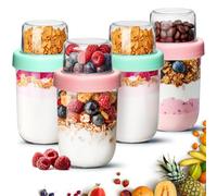 ComSaf Set di 4 Porta Yogurt Avena 480ml + 120ml, Porta Yogurt Refrigerato in Vetro a Doppio Strato con Coperchio a Separazione Secco e Umido, Ideale come Crunch Cup Milk e Cereal per Meal Prep