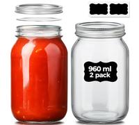 ComSaf Vasetti Vetro 960ml con Coperchio 2 Pezzi, Barattoli Vetro con Coperchio per Marmellata, Miele, Yogurt, Sottaceti e Fagioli, Vasetti per Marmellata Ideali anche per Overnight Oats