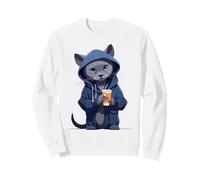 con Cappuccio con Motivo di Gatti Blu Russi E Bevanda Felpa