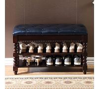 Con design vintage e cuscino in pelle, panca portaoggetti rustica for ingresso con scarpiera a 3 livelli e gamba romana(Blue,90x30x48cm(35x12x19inch))