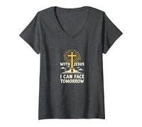 con Gesù Posso Affrontare Il Domani La Vita è Spaventosa La Fede Cristiana Maglietta con Collo a V, Donna, Grigio Scuro, M