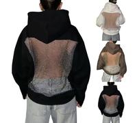 Con inserti in rete, felpa da donna con cappuccio, taglie forate, con cappuccio, da donna, oversize, in cotone, con motivo forato, a maniche lunghe, soffici, Nero , m