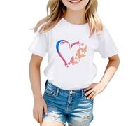 Con maglietta blu con scollo rotondo grafico, maniche corte, per l'estate, casual R Shirt Ragazza, bianco, 5-6 Anni