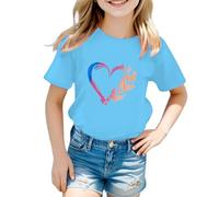 Con maglietta blu con scollo rotondo grafico, maniche corte, per l'estate, casual R Shirt Ragazza, Blu, 5-6 Anni