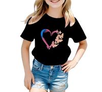 Con maglietta blu con scollo rotondo grafico, maniche corte, per l'estate, casual R Shirt Ragazza, Nero , 5-6 Anni