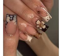 Con perline dorate e decorazioni floreali in rilievo per le donne, occasioni speciali, feste, elegante manicure francese