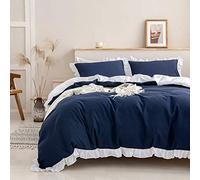 con volant lavata morbida e traspirante, in stile shabby chic, copripiumino e federe per cuscino, chiusura con cerniera e cravatte ad angolo, colore: blu navy