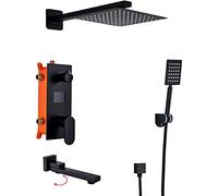 Concealed Shower System Digital Display Shower Faucet Set Matt Black Shower Mixer Set with Brass Hand Shower And Waterfall Rainfall Shower Head Advanced Air Injection Tech(8 inch)