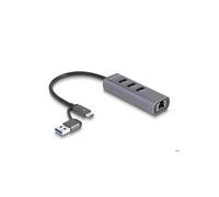 Concentratore USB - DELOCK - Hub 3 porte USB 3.2 Gen 1 - LAN Gigabit - Scocca in metallo - Cavo 0,2 m