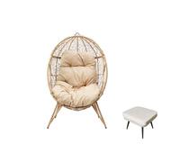 CONCEPT FABBRICA | Poltrona a uovo con gambe in resina rattan, poggiapiedi, design Jane Beige | Struttura in acciaio | Cuscino repellente | Amaca altalena
