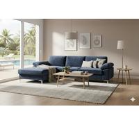 CONCEPT USINE | Divano angolare in velluto 4-5 posti | Design Galway Blu | Larghezza 262 cm | Angolo sinistro | Comfort ultra lussuoso | Struttura in legno robusto | Piedi in metallo | Stile moderno