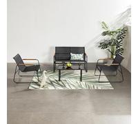 CONCEPT USINE | Salone da giardino 4 posti Aurora nero in acciaio e tela poliestere | 2 poltrone + divano a 2 posti + tavolo in vetro temperato | dettagli in legno | Ultraleggero e resistente esterno