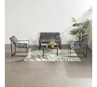 CONCEPT USINE | Salone da giardino 4 posti patta nera | Divano + 2 poltrone + tavolino in vetro temperato | Cuscini grigio idrorepellente 10 cm | Acciaio anticorrosione | Design contemporaneo |