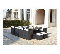 CONCEPT USINE | Salone da giardino Incassabile in resina intrecciata per 12 persone | Miami Nero Cuscini Bianco | Tavolo piano in vetro rimovibile + 8 poltrone + 4 pouf, cuscini sfoderabili |