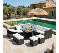 CONCEPT USINE | Salotto da Giardino Samoa a Incasso 10 Posti | Resina Intrecciata a 4 Fili Nero | Tavolo Alto in Vetro Temperato | Divano ad Angolo Reclinabile con Cassetto di Riordinamento | 4 Pouf e