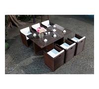 CONCEPT USINE - Set Pranzo da Giardino per 6 Persone Miami in Resina Intrecciata Polyrattan Marrone - 1 Tavolo in Vetro - 6 Poltroncine - Cuscini Bianchi - Incassabile, Resistente, Impermeabile