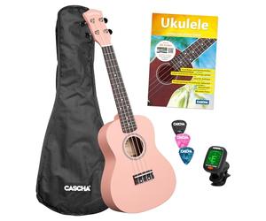 Concert - Set di ukulele in tiglio, con custodia, 3 plettri, libri, sintonizzatori, colore: Rosa