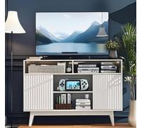 Concho Mobile TV scanalato per TV da 60 pollici, moderno centro di intrattenimento con ripiani e ripiani, console TV in legno con gambe in legno massello, console multimediale alta, mobile TV per