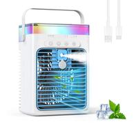 Condizionatore d'Aria Portatile, 3-in-1 Raffreddatore ad Evaporazione con 3 Velocità e 2 Modalità Nebbia, 1000ml Mini Condizionatore, Ventilatore USB con Luce RGB e Timer per Ufficio Auto Camper