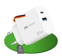 conecto Caricatore USB C, adattatore multiplo a 2 porte, alimentatore di rete da 20 Watt, caricatore rapido compatibile con Apple iPhone 15, Samsung, Tablet, Laptop UVM, PD QC Charger, bianco