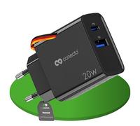 Conecto Caricatore USB-C e USB A, 2 Porte, 20W PD Max, 18W Max, Caricatore Rapido per Telefoni Cellulari, Nero
