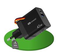 Conecto Caricatore USB-C e USB-A, 2 Porte, 45W PD Max, 12W Max, Caricatore Rapido GaN per Telefoni Cellulari, Nero