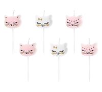 PartyDeco Cond.6 Candeline Picks Sagomate Gattino Bianche e Rosa, 6 unità