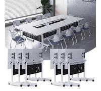 Conference Table, Combinable Mobile Flip Top Design Training Desk, Modern Large Rectangular Meeting Desk, Dynamic Seminar Table with Silent Wheels for Office