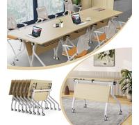 Conference Table Folding Room Tables on Wheels,Rectangular Meeting Flip Top Training Desk Modern Office Boardroom Desk with Metal Frame, Natural (6PCS)