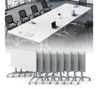 Conference Table, Modern Foldable Conference Room Table, Large Rectangular White Meeting Flip Top Desk, Seminar Desk with Silent Wheels for Office, Classroom (8Pack 55.1in)